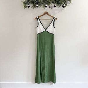 New Commense Satin Contrast Trim Colorblock V Neck Maxi Dress Small